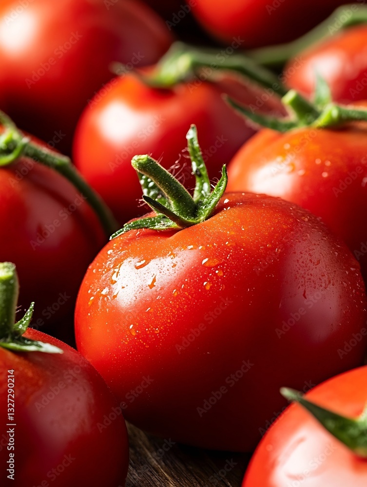 Poster freshly harvested tomatoes glistening with dew droplets in an organic setting : generative ai