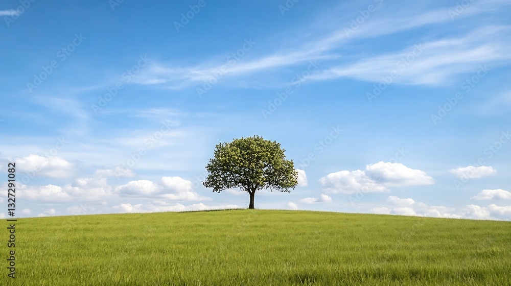 Poster lone tree standing majestically on a grassy hill under a bright blue sky adorned with fluffy clouds 