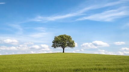 Lone tree standing majestically on a grassy hill under a bright blue sky adorned with fluffy clouds : Generative AI