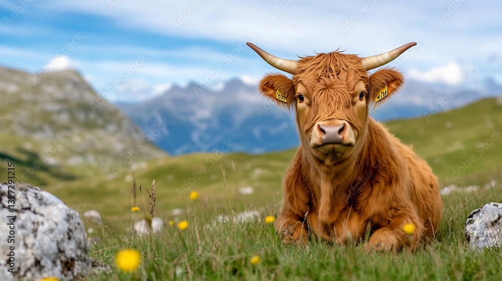 Poster curious highland cow relaxing on meadow with mountains in the background under blue sky : generative