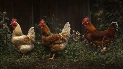 Three chickens in a lush garden setting.