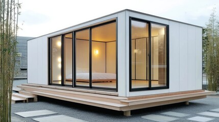 Fototapeta premium Minimalist Japanese-inspired tiny house with bamboo garden, neutral tones, and sliding glass doors.