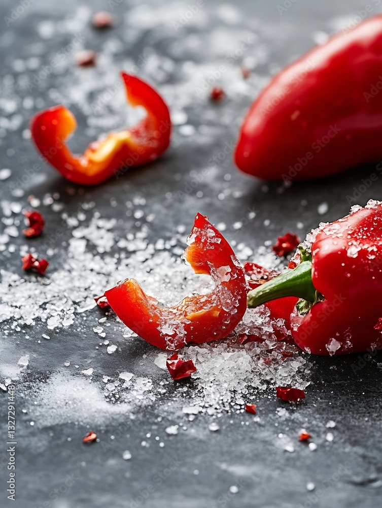 Poster closeup of red bell pepper with salt and pepper flakes on dark surface for culinary use : generative