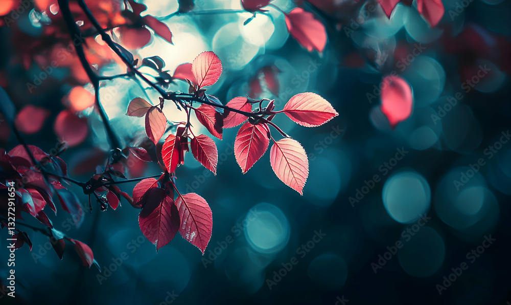 Poster red leaves on branch against dark teal bokeh background image