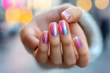 Naklejka premium Vibrant pastel nails shimmer in the light, captured in an artistic moment on a lively city street
