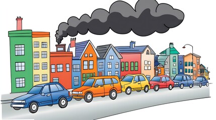 Colorful Urban Neighborhood with Traffic and Air Pollution from Factories in City