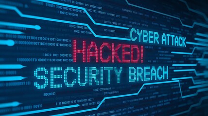 Cybersecurity Breach – Bold "HACKED!" Warning Amidst Digital Threats, network protection, information breach, online fraud, ethical hacking, security monitoring, cybersecurity incident response