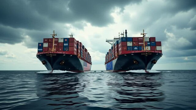 Two cargo ships carrying goods from the usa and european union face off, separated by tariffs, symbolizing trade war