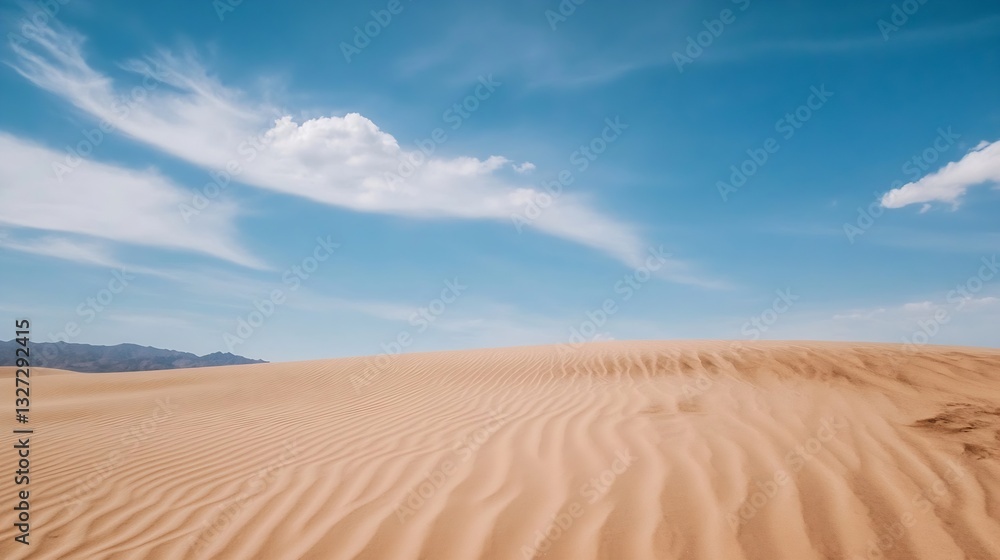 Poster Expansive view of rolling sand dunes under a clear blue sky with fluffy clouds creating a serene desert landscape : Generative AI