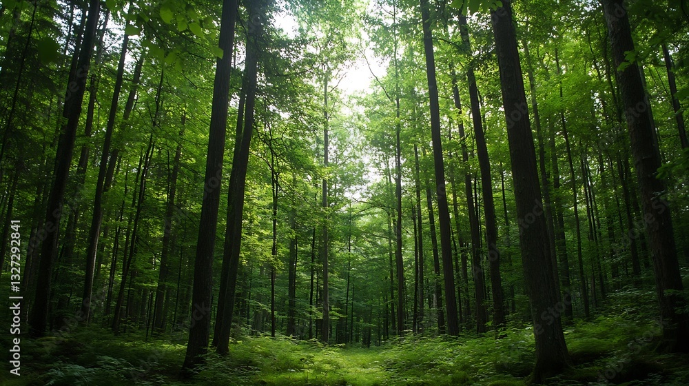Poster Lush green forest with tall trees and a serene atmosphere illuminated by soft sunlight : Generative AI