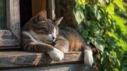 Cat relaxing by the window in sunlight.