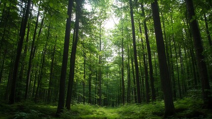 Fototapeta premium Lush green forest with tall trees and a serene atmosphere illuminated by soft sunlight : Generative AI