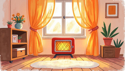 Cozy illuminated room with glowing space heater, warm ambiance