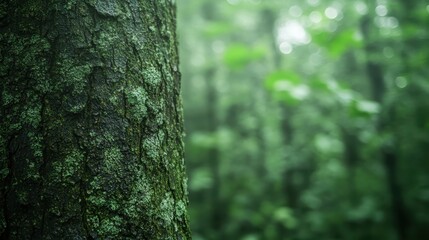 This photograph captures the rich, textured bark of a tree with vibrant green moss, highlighting the beauty and serenity of forest environments filled with life.