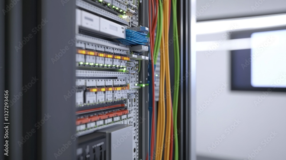 Poster server rack with wires and hardware in data center