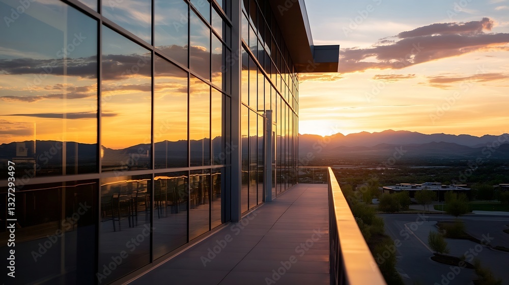 Aufkleber stunning sunset view from a modern building showcasing a glowing horizon and mountain backdrop : gen