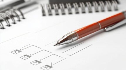 Close-up of pen and checklists on notebook.