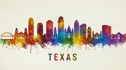 Amazing Colorful Texas Skyline Watercolor Art 