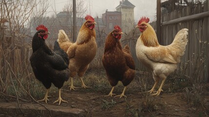 Four colorful chickens in a rustic setting.