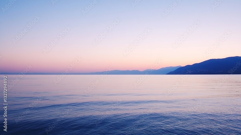 Poster Tranquil sunset reflecting on calm waters with pastel colors creating a serene coastal view : Generative AI