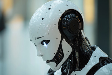 Futuristic Humanoid Robot Close-Up: Advanced Artificial Intelligence in Modern Robotics Engineering