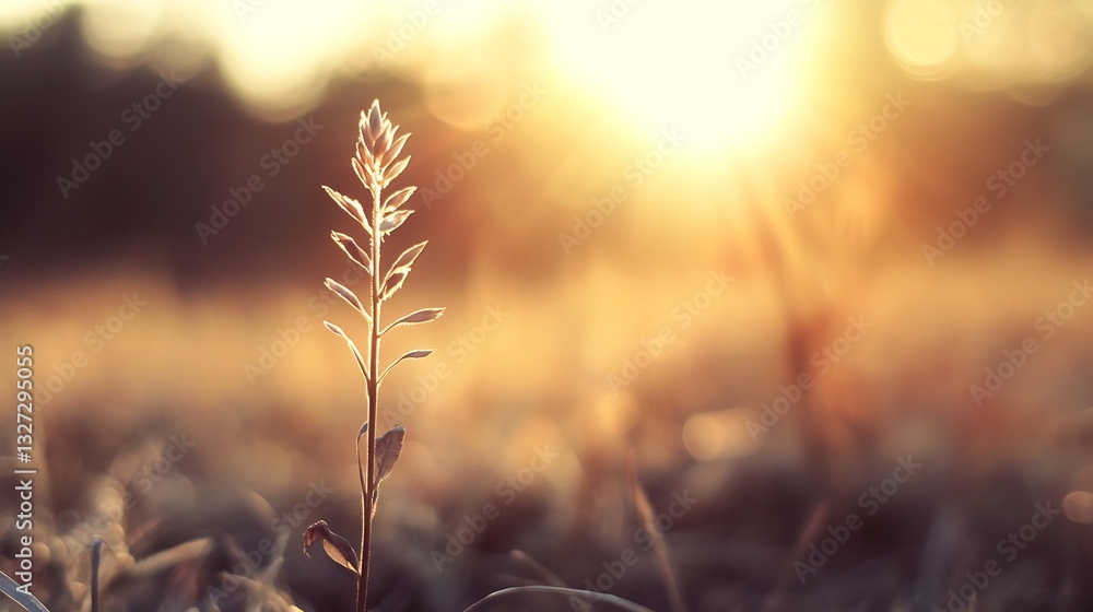 Poster beautiful close up of a single grass blade illuminated by warm sunlight during sunset in a serene fi