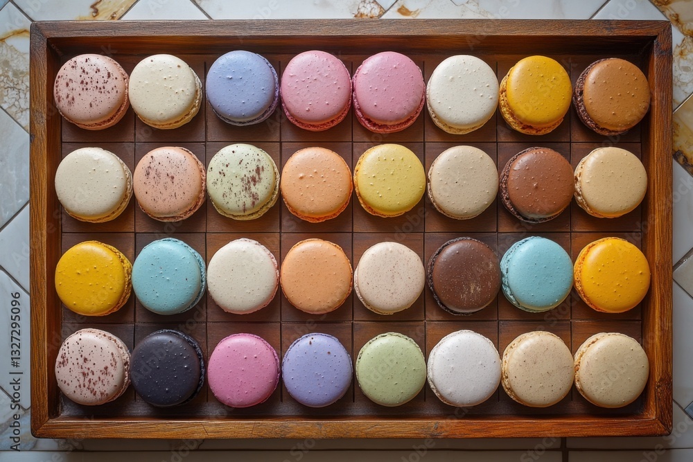 Poster colorful macarons are neatly arranged on a wooden tray creating a delightful dessert display
