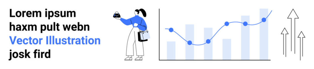 Female professional holding a briefcase, gesturing toward a dynamic chart with upward trends and icons. Ideal for business success, analytics, data growth, finance, strategy, career, flat landing