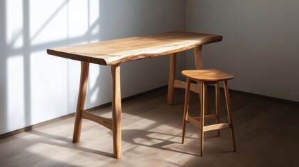 Fototapeta premium Minimalist wooden table and stool in sunlight.