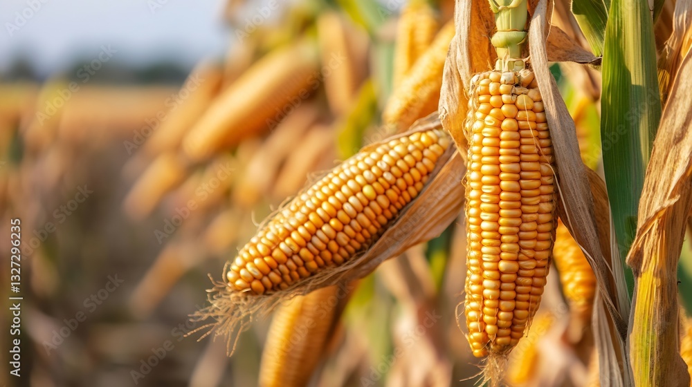 Poster fresh golden corn on the cob ready for harvesting in a field : generative ai