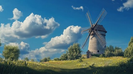 Scenic windmill in a lush green field.