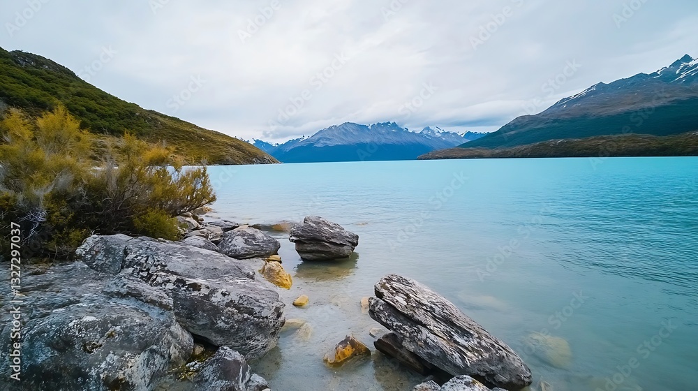 Aufkleber serene lake view surrounded by majestic mountains under a cloudy sky : generative ai