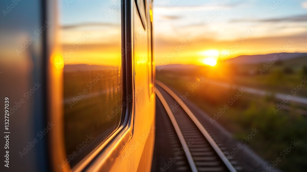 Poster Golden sunset view from a train window creating a warm and inviting atmosphere during evening travel : Generative AI