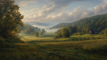 Obraz premium Serene countryside with misty morning landscape.