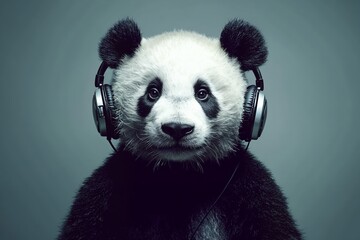 Fototapeta premium Un panda con auriculares escucha música, mostrando una mezcla de ternura y modernidad.
