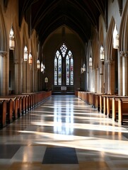 Fototapeta premium Elegant interior of a cathedral showcasing beautiful arches and colorful stained glass windows : Generative AI