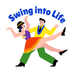 Flat sticker of couple dance with swing into life typography
