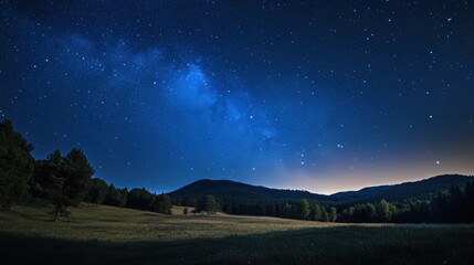 Starlit night sky over serene mountain landscape.