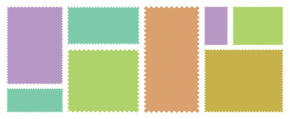Postage stamp borders set vector. Colorful zigzag wavy edge frames. Wavy edge frame or shapes. Set of frames in shape of squares and rectangle of various sizes with zigzag edges.