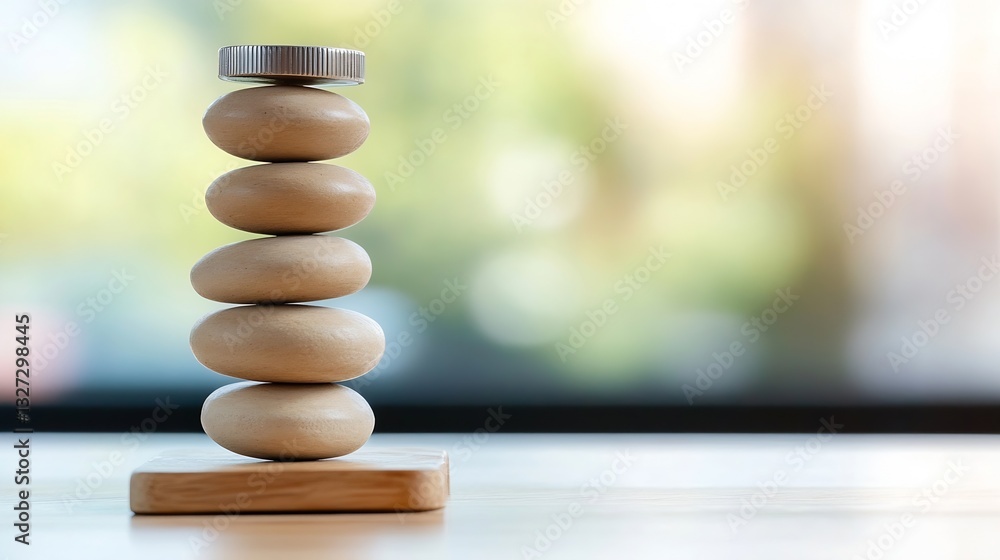 Poster Balanced Stack of Wood Pebbles with a Coin on Top Showcasing Harmony and Stability : Generative AI