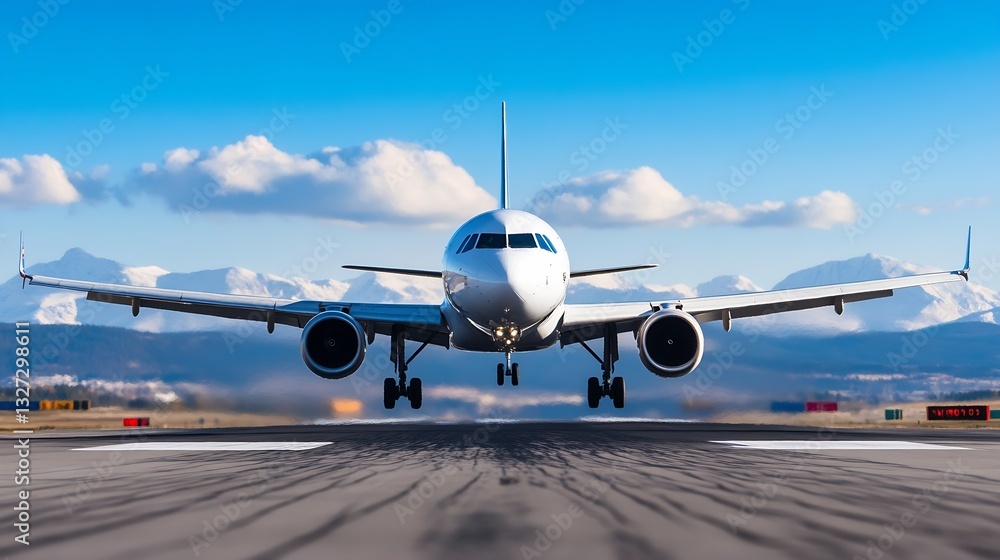 Poster a commercial airplane landing on an airport runway showcasing its sleek design against a backdrop of
