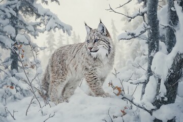 Un lince de hermoso pelaje blanco se asoma entre la nieve y los árboles en un paisaje invernal sereno.