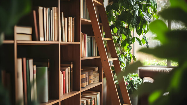 Cozy reading nook with bookshelves and greenery in a sunlit room during a quiet afternoon