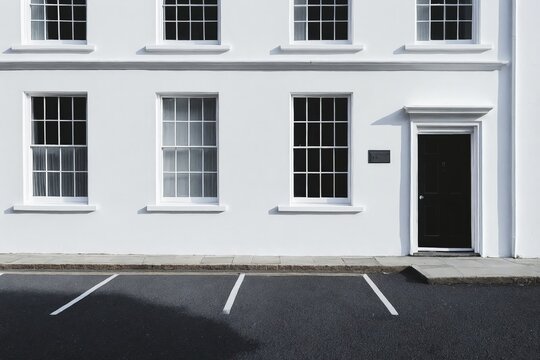 Edificio blanco con ventanas sim&eacute;tricas y puerta negra, rodeado de un estacionamiento ordenado.