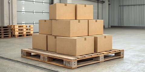 Stacked Cardboard Boxes on Pallet in Warehouse, Shipping , Logistics