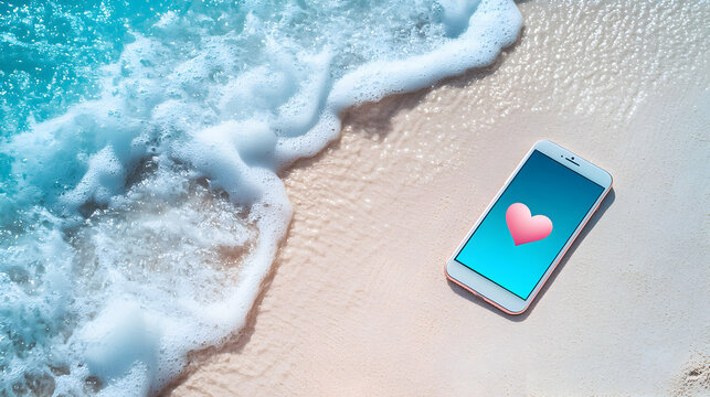 Smartphone displaying love symbol rests on sandy beach beside gentle ocean waves during sunny day