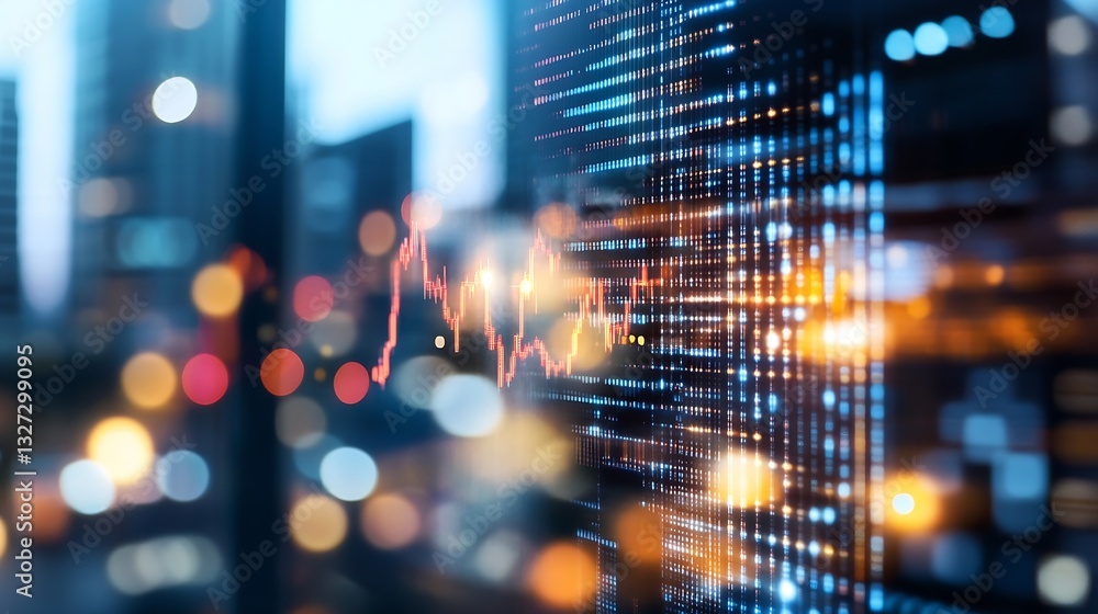 Poster Dynamic stock market display showing fluctuating graphs and data against a vibrant urban skyline : Generative AI