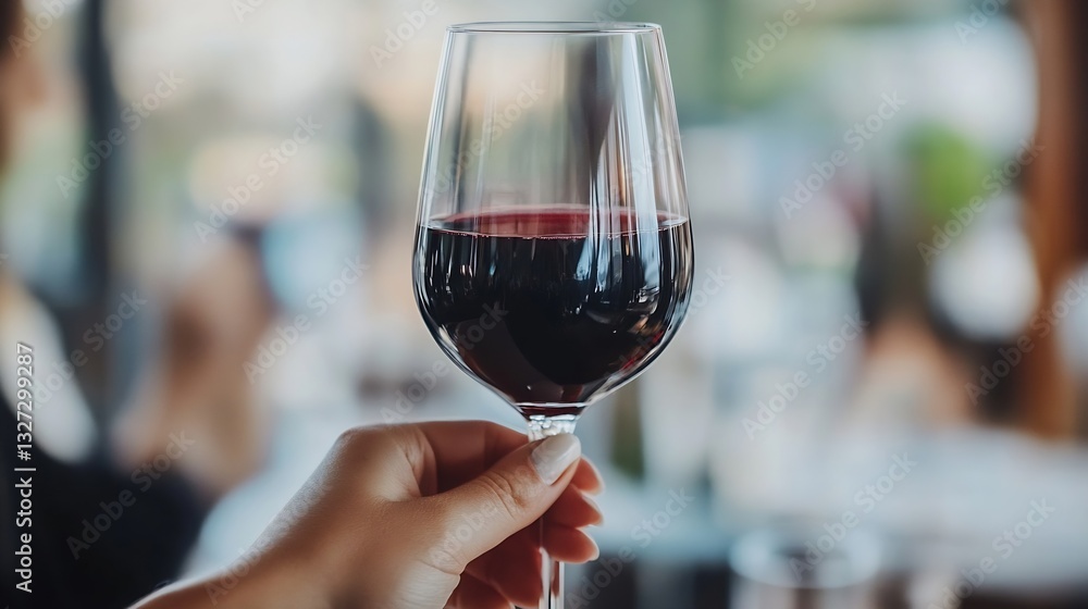 Poster Elegant glass of red wine held in hand with a blurred background setting : Generative AI