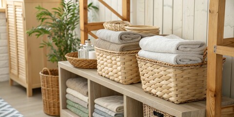 Spa Styling Woven Baskets with Folded Towels, Plant Decor, home decor , interior design
