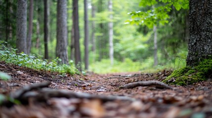 A serene forest path winding through tall trees showcasing lush greenery and tranquility : Generative AI